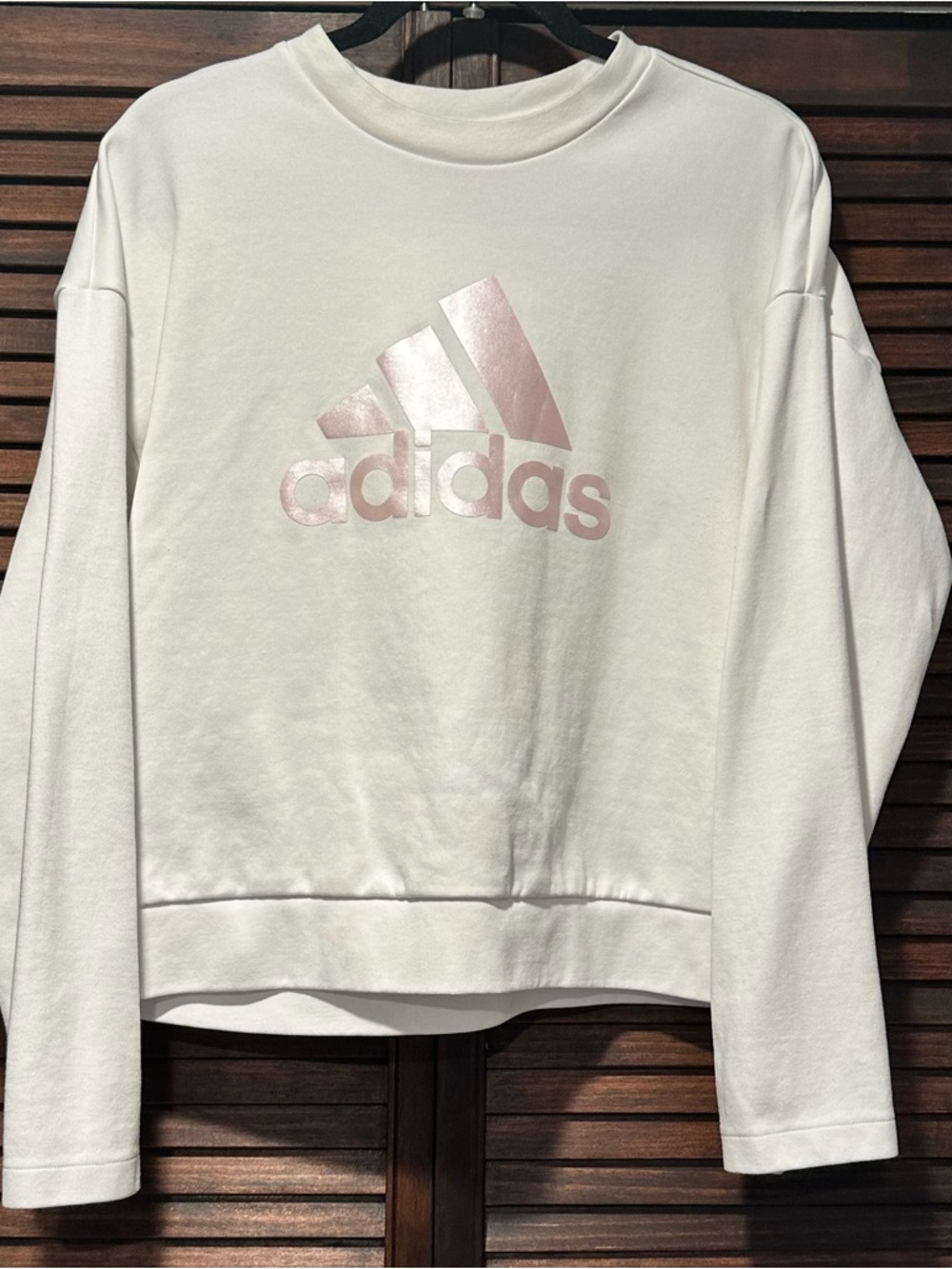adidas White Crew Neck Sweatshirt with Light Pink Logo